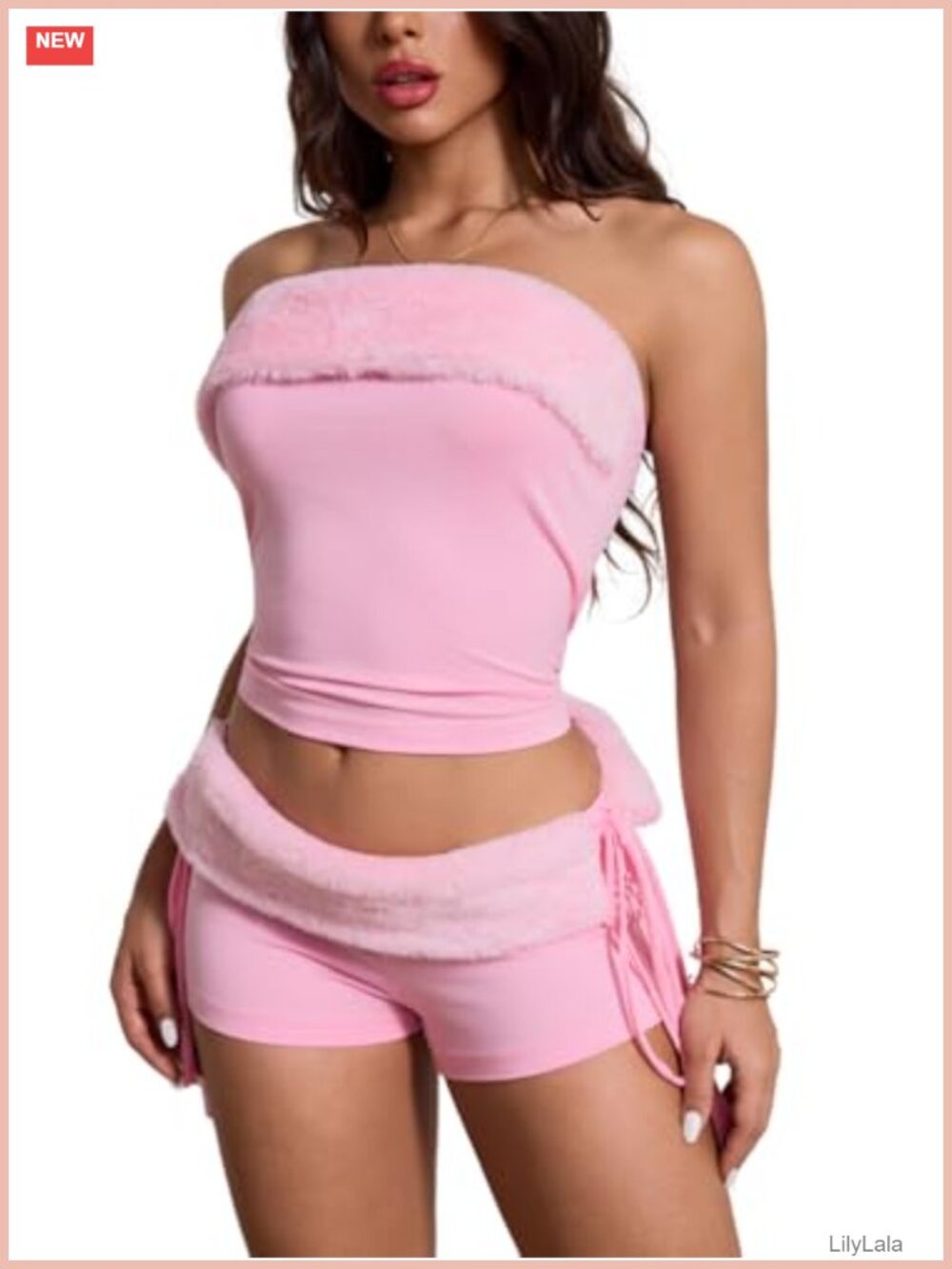 Faux Fur Trim Tube Top & Micro Mini Shorts Set Y2K Rave Festival